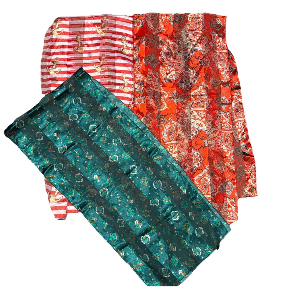 Vtg Scarf Lot-3 St Patrick Anchor Paisley Silk-feel Polyester 13" x 60" Korea